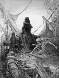 „A Rémálom Élet-a-Halálban” kockázik a Halállal a legénység lelkéért, jelenet S. T. Coleridge „Az öreg tengerész balladája” című művéből, kiadta a Harper und Brothers, New York, 1876 (fametszet)